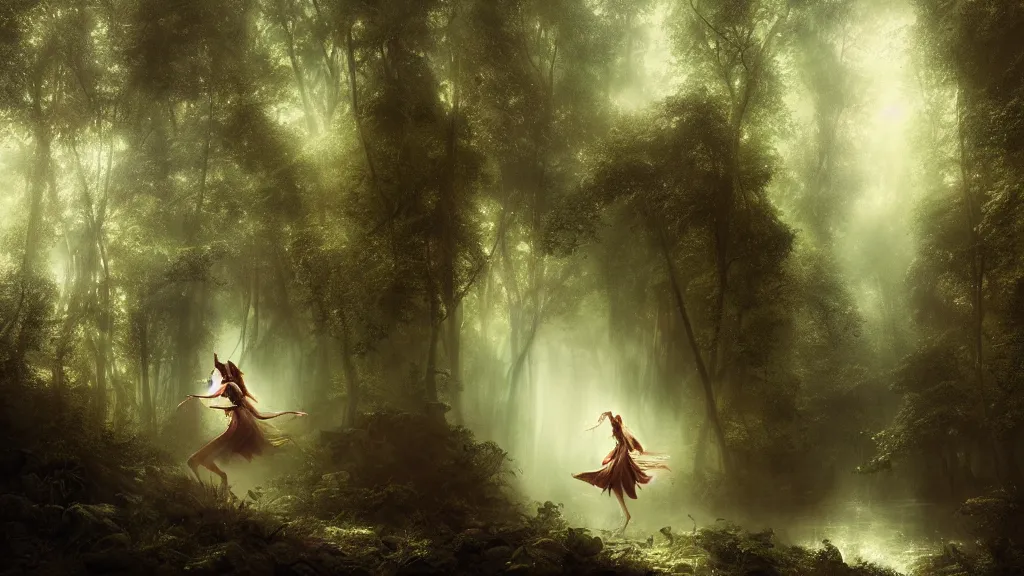 Prompt: elven princess dancing in the dark forest. andreas achenbach, artgerm, mikko lagerstedt, zack snyder, tokujin yoshioka
