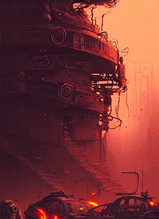 Image similar to highly detailed portrait of wasteland punk long curly fire hair tribal lady, stray wiring by atey ghailan, james gilleard, by joe fenton, by greg rutkowski, by greg tocchini, by kaethe butcher, 4 k resolution, gradient red, orange, black and white color scheme!!! ( ( flaming robotic dystopian city spiral background ) )