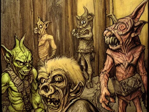 Image similar to a painting of goblins in an art gallery by arthur rackham and Tony DiTerlizzi, trending on artstation, detailed