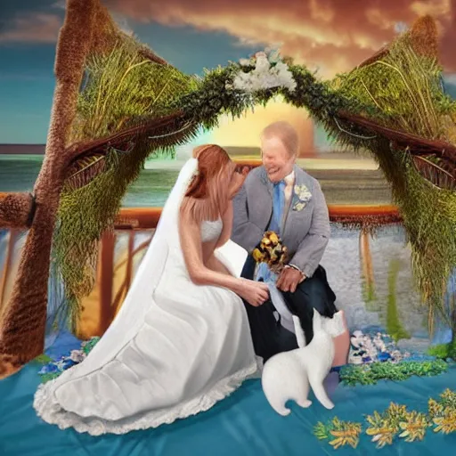 Prompt: a cat and dog getting married by the beach real life, hyper realistic, realistic, 4 k, 8 k uhd, intricate details, detailed, great detail