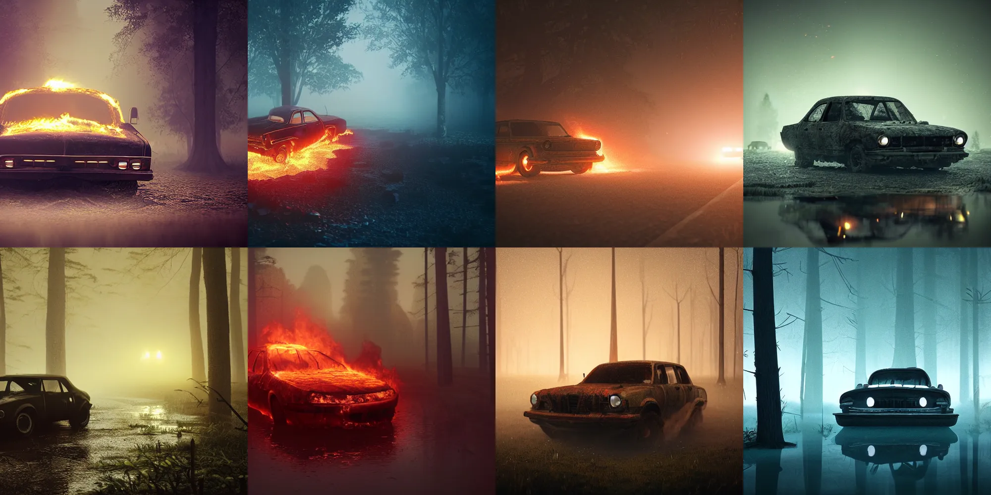 Prompt: old car on fire with headlights on sinking in beautiful dark foggy swamp, in the style of beeple and Mike Winkelmann, intricate, epic lighting, cinematic composition, hyper realistic, 8k resolution,