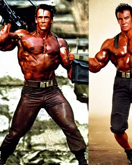 Image similar to young arnold photoshoot of commando versus rambi. young arnold schwarzenegger as matrix, from commando and young sylvester stallone as rambo, photoshoot in the style of annie leibovitz,