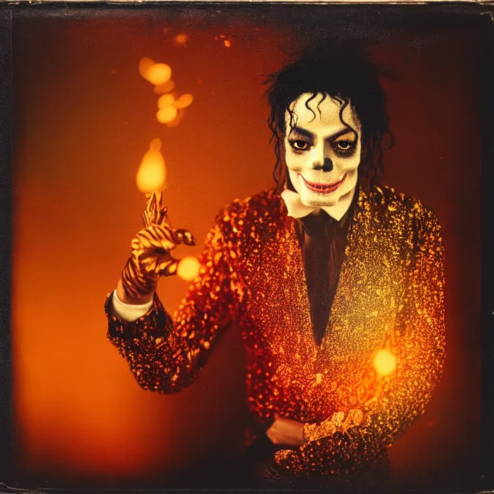 Image similar to kodak portra 4 0 0, wetplate, motion blur, portrait photo of a backdrop, michael jackson skelleton, golden 1 9 2 0 s, coloured in orange fire, sparkling, by georges melies and by britt marling, muted colours