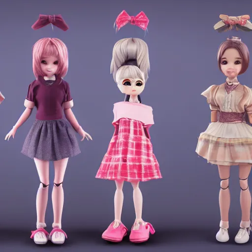 Prompt: female doll figurines, teenagers, full body, realistic portrait, anime style, disney, octane render 8 k, unreal engine, hd