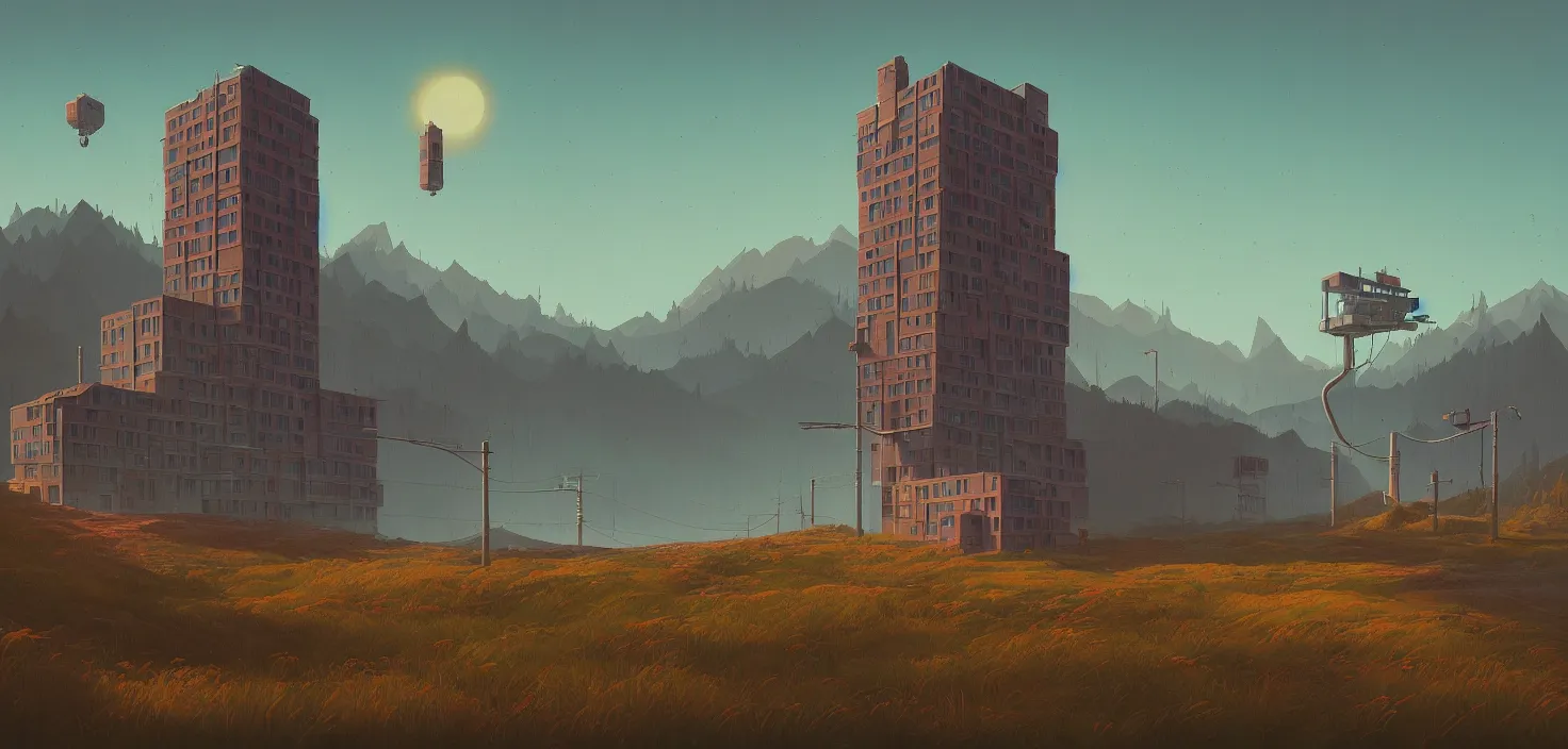 Image similar to a building in a stunning landscape in the style of simon stalenhag