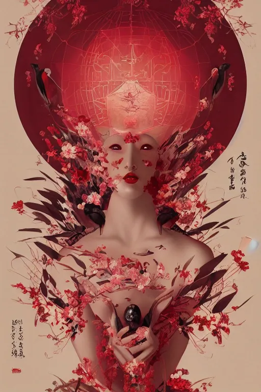 Image similar to breathtaking detailed red gardian mao baby in glace sphere free thibet concept art painting art deco pattern of birds goddesses amalmation flowers, by hsiao ron cheng, tetsuya ichida, bizarre compositions, exquisite detail, extremely moody lighting, 8 k