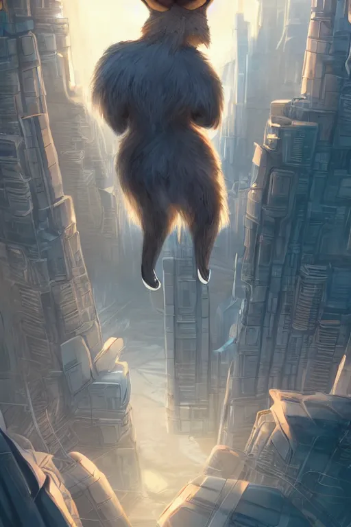 Image similar to an anthropomorphic fox with a fluffy tail staring over a futuristic city from the top of a roof, comic art, trending on furaffinity, cyberpunk, backlighting, cartoon