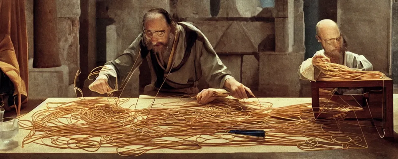 Image similar to ancient greek mathematician discovering geometry with spaghetti kodachrome, in the style of wes anderson, retro