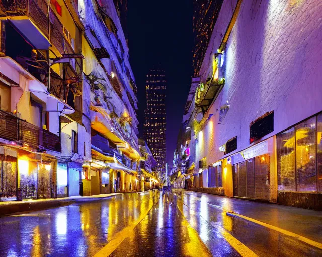 Prompt: A clean wide alleyway in Mexico with glittering lights above the street, skyscrapers in the distance, 4k wallpaper, trending on artstation