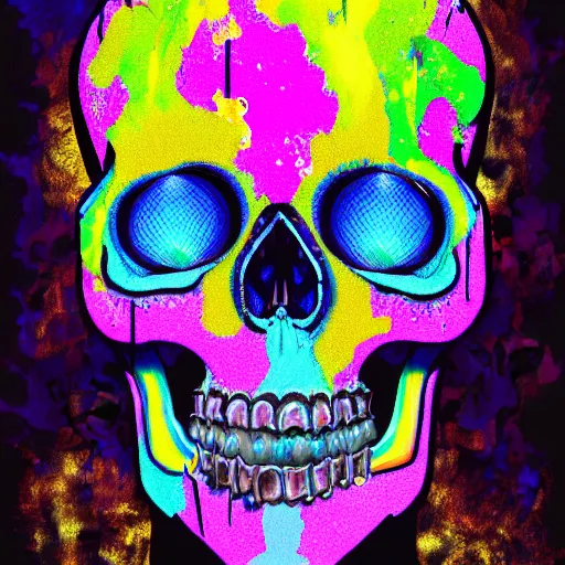 Image similar to portrait of skull, trippy, glitch, paint dripping, miyazaki style, exaggerated accents