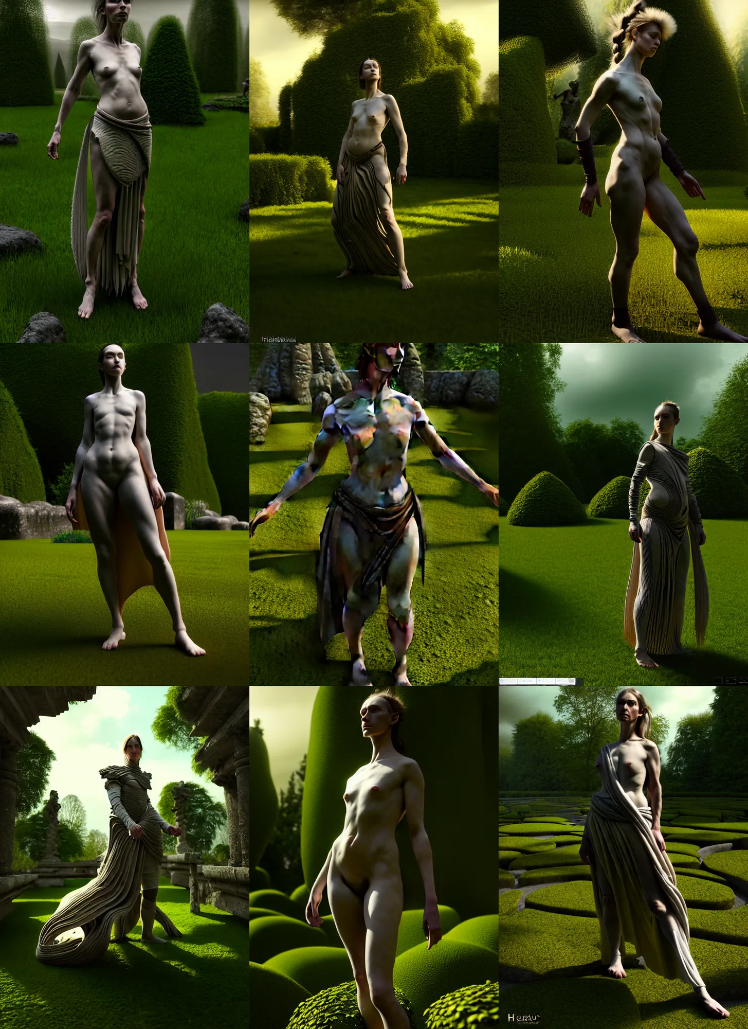 Prompt: linear gamma, dynamic pose ,natural light, dissolution filter ,turbulence filter, costume design made by nordic tribes, sophisticated composition, old masters light composition, artist reference images pose, procedurally generated, epic human character posing for concept art, beautiful ancient garden behind, substance designer, PBR, HD, Ultra detailed, hyperrealistic, megascans, volumetric light, concept by master artist, made in paint tool SAI2, trending pixiv face