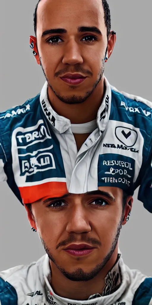 Image similar to A portrait of Lewis Hamilton in his racing uniform by Banksy, octane render,,highly details