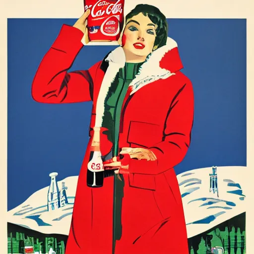 Prompt: a beautifully detailed image of a woman in a parka drinking a bottle of coke, constructivist, russian, soviet advertisement, 1 9 6 0's