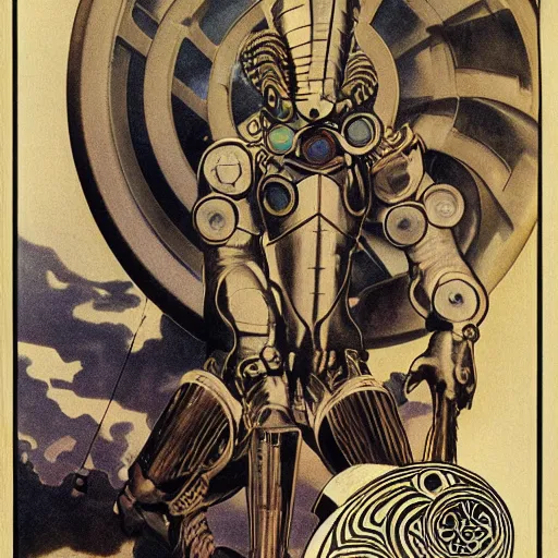 Image similar to majestic, hulking albino clone with engineering diagram tattoos on forehead and rough features, angular steel power armor carved with geometric aztec art deco patterns, on battlefield with strange coiled, spiral clouds, 1 9 7 0 s science fiction concept art photograph by deak ferrand, alphonse mucha, greg rutkowski and carvaggio