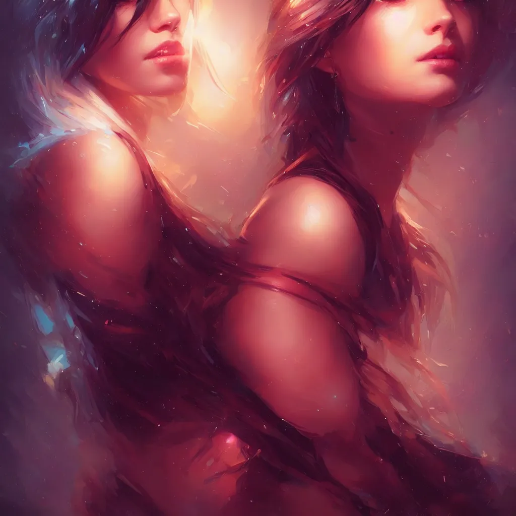 Image similar to beautiful girl portrait by greg rutkowski and charlie bowater, vivid, artgerm, aesthetic, fine details, colorful swirls, gaudy colors, luminescent, organic matte painting, realistic eyes, masterpiece, busy background, bokeh, depth of field