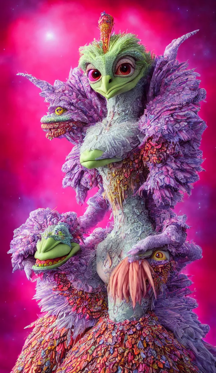 Image similar to hyper detailed 3d render like a Oil painting - kawaii portrait of one Aurora (a beautiful skeksis muppet fae queen from dark crystal that looks like Anya Taylor-Joy) seen red carpet photoshoot in UVIVF posing in scaly dress to Eat of the Strangling network of yellowcake aerochrome and milky Fruit and His delicate Hands hold of gossamer polyp blossoms bring iridescent fungal flowers whose spores black the foolish stars by Jacek Yerka, Ilya Kuvshinov, Mariusz Lewandowski, Houdini algorithmic generative render, Abstract brush strokes, Masterpiece, Edward Hopper and James Gilleard, Zdzislaw Beksinski, Mark Ryden, Wolfgang Lettl, hints of Yayoi Kasuma and Dr. Seuss, octane render, 8k