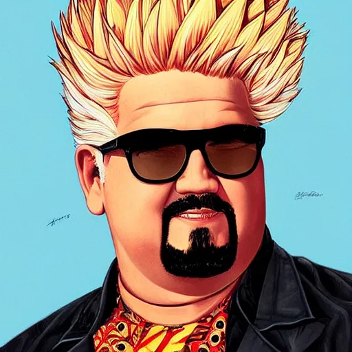 Image similar to head and shoulders portrait of Guy Fieri illustration, medium shot, intricate, elegant, highly detailed, digital art, ffffound, art by JC Leyendecker and sachin teng