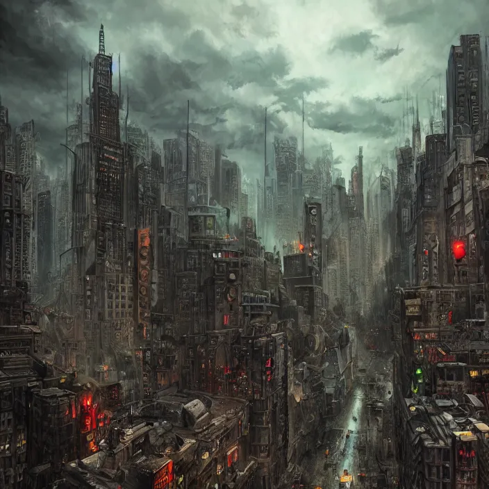 Image similar to an epic fantasy comic book style landscape painting of post - apocalyptic new york city, dark clouds hyper detailed ultra sharp sharp focus, studio ghibli, unreal 5, hyperrealistic, octane render, dramatic lighting, intricate detail, cinematic, dark atmosphere