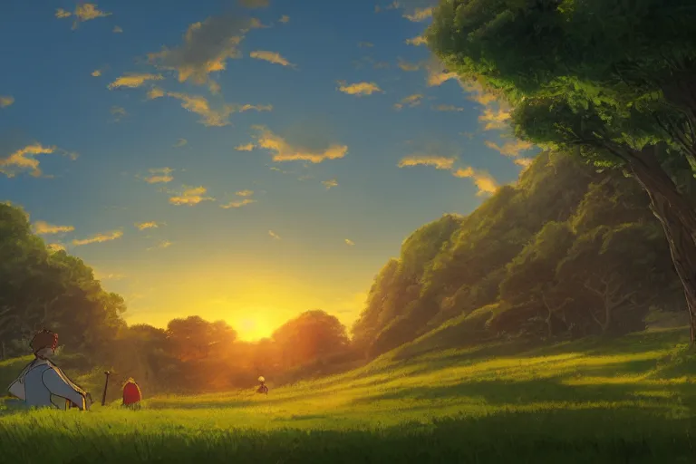 Image similar to the shire at sunset in the style of ghibli, 8 k, artstation, award wining, rutkowski, shinkai