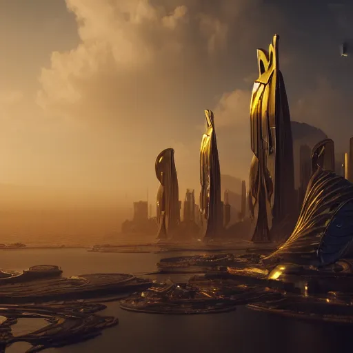 Image similar to a golden fantasy sci fi luxurious city with cerulean oceansides, scandinavian / norse influenced, cinematic, ray traced, octane render, cinematic lighting, ultrarealistic, featured on artstation, 8 k uhd artwork