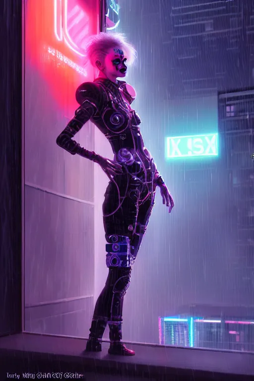 Image similar to portrait futuristic stylish cyberpunk young female clown, in futuristic rainny thunder flashing tokyo rooftop cyberpunk night, ssci-fi, fantasy, intricate, very very beautiful, elegant, neon light, highly detailed, digital painting, artstation, concept art, soft light, hdri, smooth, sharp focus, illustration, art by tian zi and craig mullins and WLOP and alphonse mucha