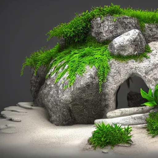 Image similar to overgrown stone cave at the beach, lush foliage, light rays, highly detailed, small ship in shallow waters, octane render, hyperrealistic