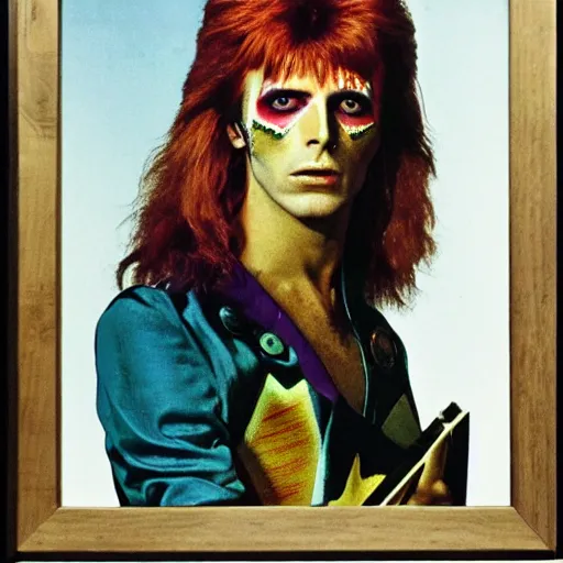 Image similar to Pre-Raphaelite portrait of 1970s David Bowie, ziggy stardust playing flying V guitar, single lighning strike in background. Flash Gorden