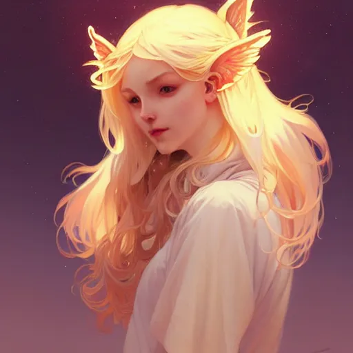 Image similar to A girl with blonde hair, fox ears, glowing halo, wings, fantasy, intricate, elegant, highly detailed, digital painting, artstation, concept art, smooth, sharp focus, illustration, art by Krenz Cushart and Artem Demura and alphonse mucha