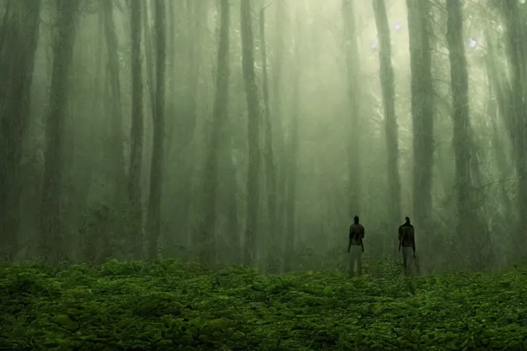 Image similar to a complex organic fractal 3 d ceramic humanoid megastructure in a lush forest, foggy, cinematic shot, photo still from movie by denis villeneuve