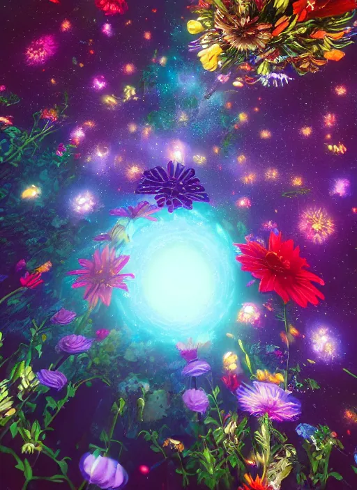 Prompt: An epic fantastic realism comic book style painting of the most beautiful spinning flowers floating into the dark and starry cosmos, exquisite bouquets, fisheye, a star implodes, unreal 5, DAZ, hyperrealistic, octane render, dynamic lighting