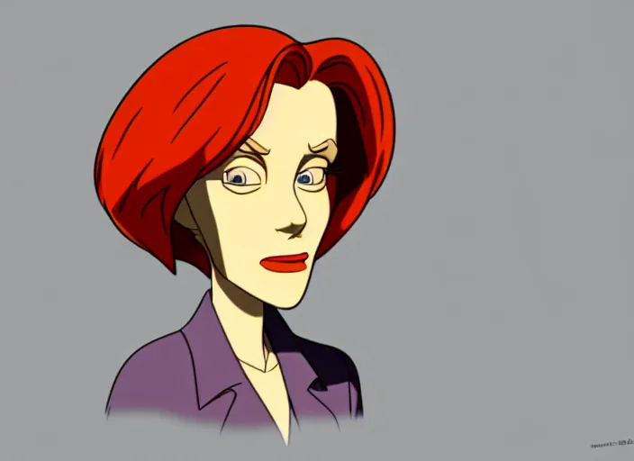 Image similar to a shaded animation cel of dana scully, realistic anatomy, in the style of don bluth, disney, dreamworks animation, filmation, toei animation, studio trigger, bruce timm, jack kirby, studio ghibli, 5 k, artstation trending