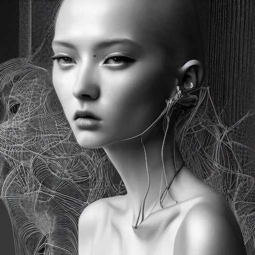 Image similar to the portrait of an absurdly beautiful, graceful, sophisticated, fashionable cyberpunk gravure idol, an ultrafine hyperdetailed illustration by kim jung gi, irakli nadar, matt wisniewski, intricate linework, iridescent wiring, porcelain skin, unreal engine 5 highly rendered, global illumination, radiant light, detailed and intricate environment