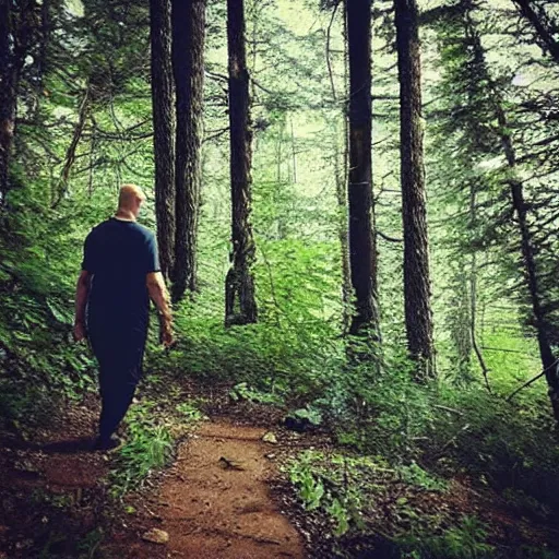 Image similar to “ poor quality nature photography of a bald man hiking in the woods, startled by bigfoot walking by ”