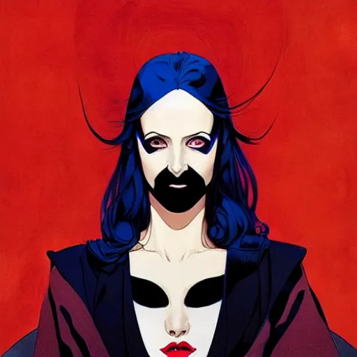 Image similar to Joshua Middleton comic art, wide shot, stunning elegant female Eva Green, kabuki mask, beautiful evil sneer, symmetrical face, symmetrical eyes, leather clothing and boots, long straight red hair, full body, Indigo occult pattern