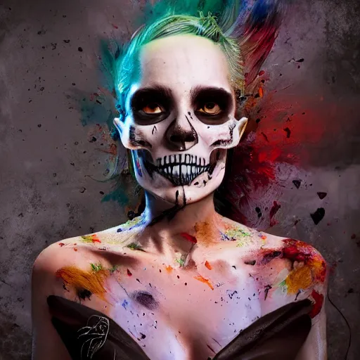 Image similar to full body pose, hyperrealistic mixed media painting of beautiful skull woman, dim volumetric lighting, 8 k, octane beautifully detailed render, extremely hyper detailed, intricate, epic composition, cinematic lighting, masterpiece, trending on artstation, very very detailed, masterpiece, stunning, hdr, smooth, sharp focus, high resolution, award, winning photo, dslr, 5 0 mm