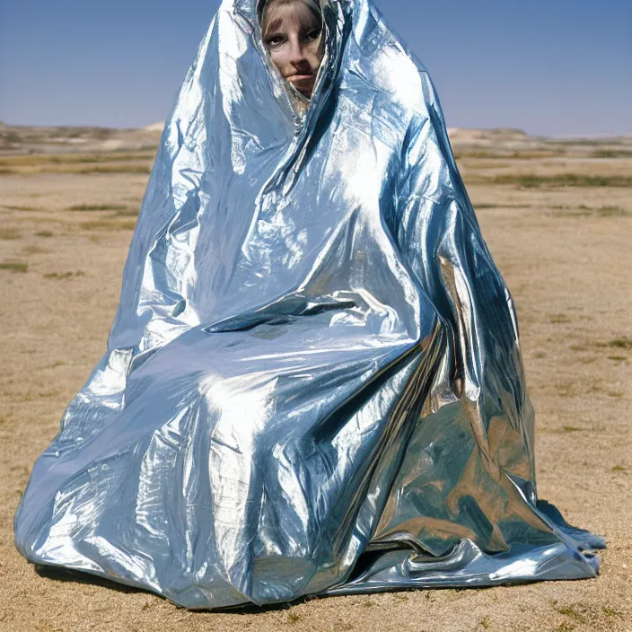 Image similar to a color photograph, closeup portrait of a woman wrapped in mylar foil blanket, sitting on a throne in badlands national park in south dakota, color photograph, by vincent desiderio, canon eos c 3 0 0, ƒ 1. 8, 3 5 mm, 8 k, medium - format print