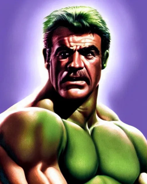 Image similar to sean connery as the incredible hulk, dynamic lighting, ultra detailed