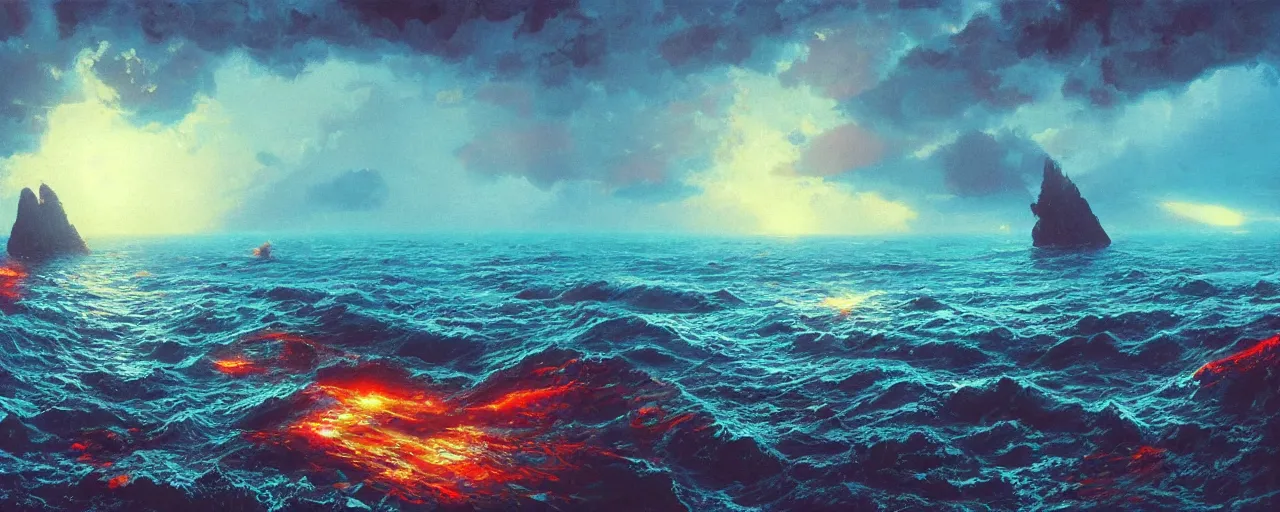 Image similar to ” still ocean, [ art by paul lehr, cinematic, detailed, epic, widescreen, opening, establishing, mattepainting, photorealistic, realistic textures, octane render ] ”