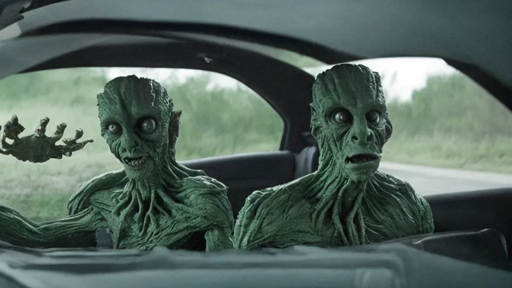 Image similar to the creature sits in a car, made of clay and oil, film still from the movie directed by Denis Villeneuve with art direction by David Cronenberg, wide lens