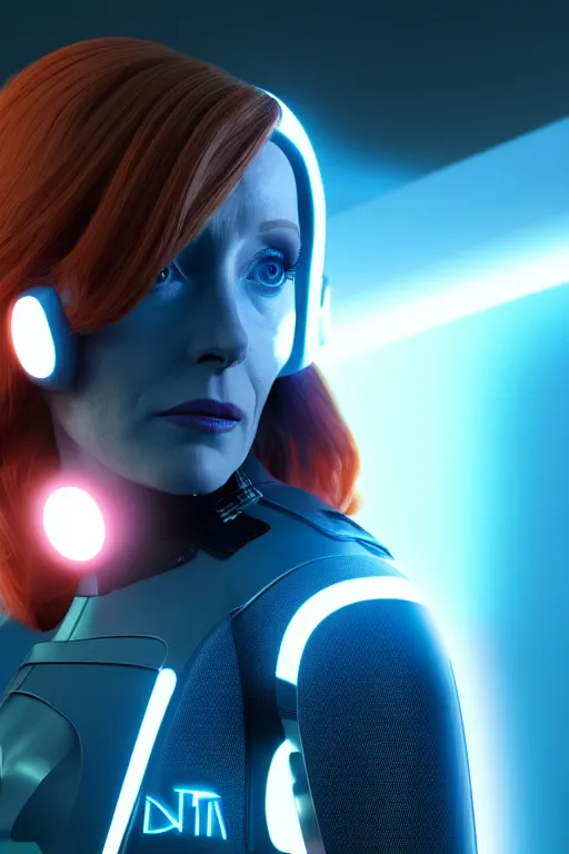 Image similar to dana scully in tron : legacy ( 2 0 1 0 ), cyberpunk aesthetic, glowing panel lines, octane render, nvidia, artstation trending, ultrasharp detail