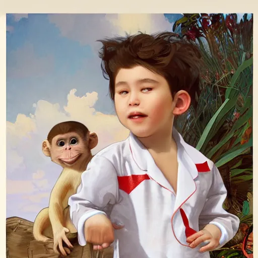 Image similar to young boy wearing white fabric pajama with cartoon paintings on it standing infront of a small furry smiling monkey. highly detailed, digital painting, artstation, concept art, smooth and sharp focus, cg by tian zi and wlop and alphonse mucha