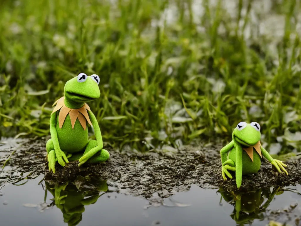 Prompt: Kermit the frog by a pond 35mm portrait photography depth of field golden hour award winning