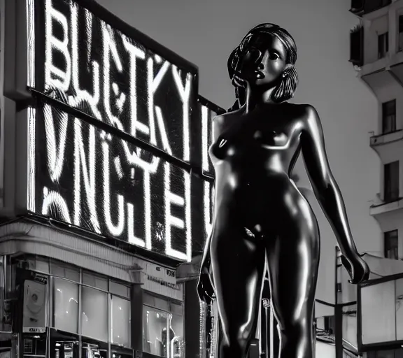 Image similar to night time photo of billboard advertisement of extremely beautiful female black marble statue in the style of virgil abloh, colorful motocross logos behind her, sharp focus, clear, detailed,, cinematic, detailed, off white, glamourous, symmetrical, vogue, editorial, fashion, magazine shoot, glossy