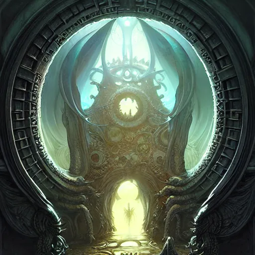 Image similar to Evil portal to Cthulu, filled with madness and monsters. Epic fantasy art, Lovecraftian, award winning on Artstation, intricate, elegant, highly detailed, digital painting, art by artgerm and greg rutkowski and alphonse mucha and lovecraft.