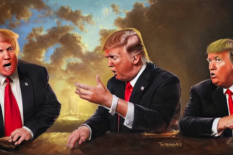 Image similar to portrait of donald trump and alex jones arguing, an oil painting by ross tran and thomas kincade