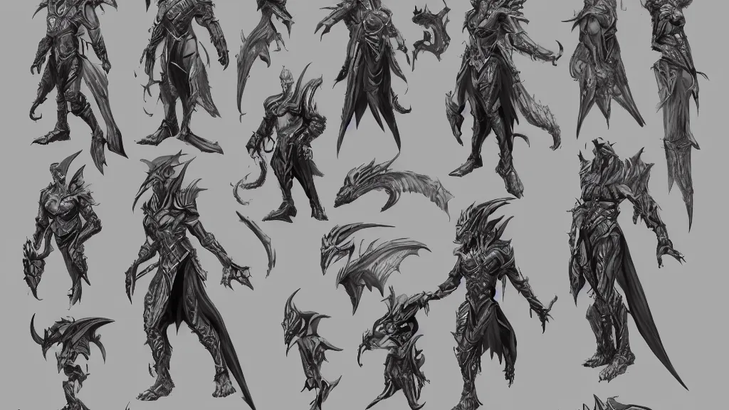 Image similar to a fantasy draconian character design sheet, trending on artstation