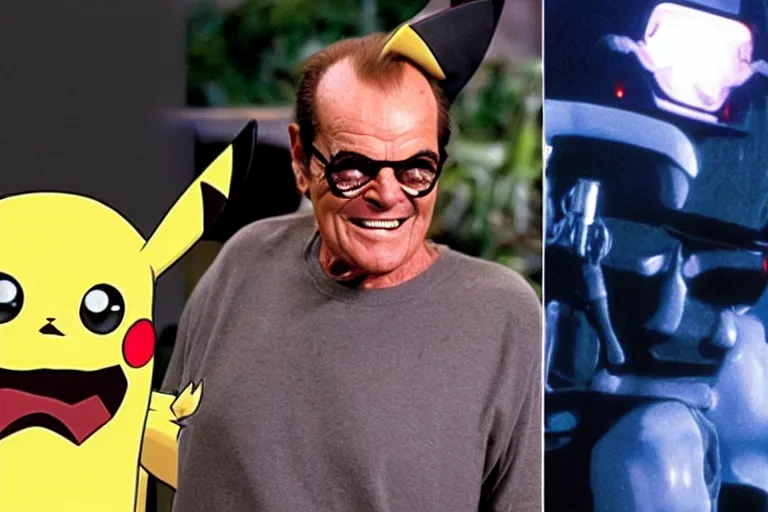 Image similar to Jack Nicholson plays Pikachu Terminator, Terminator's endoskeleton gets exposed and his eye glows red