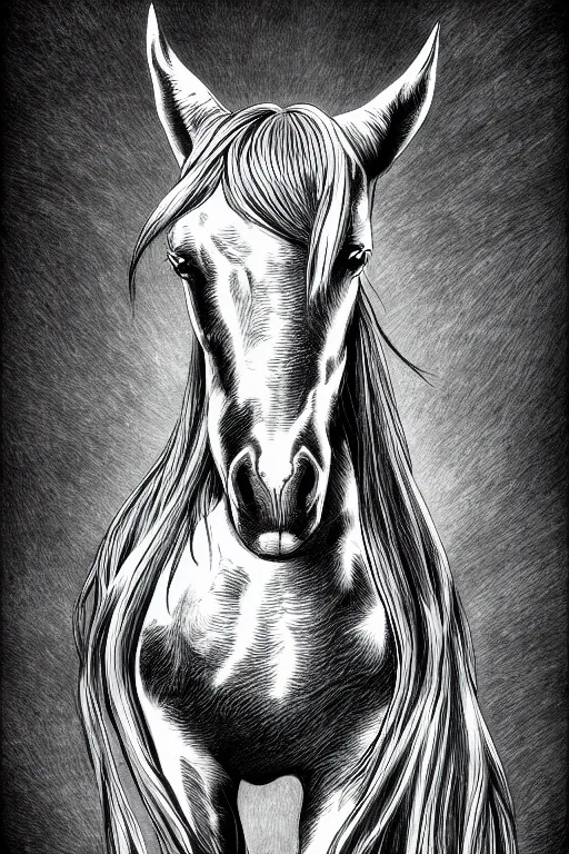 Image similar to horse in a field, symmetrical, highly detailed, digital art, sharp focus, trending on art station, kentaro miura manga art style