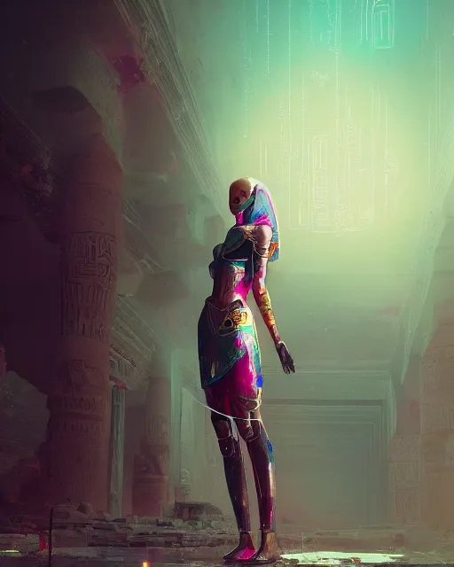 Prompt: android girl in egyptian ruins, ultra realistic, mysterious, cyborg body, atmosphere, glow, detailed, intricate, full of colour, cinematic lighting, trending on artstation, 4 k, focused, extreme details, cinematic, masterpiece, by ismail inceoglu