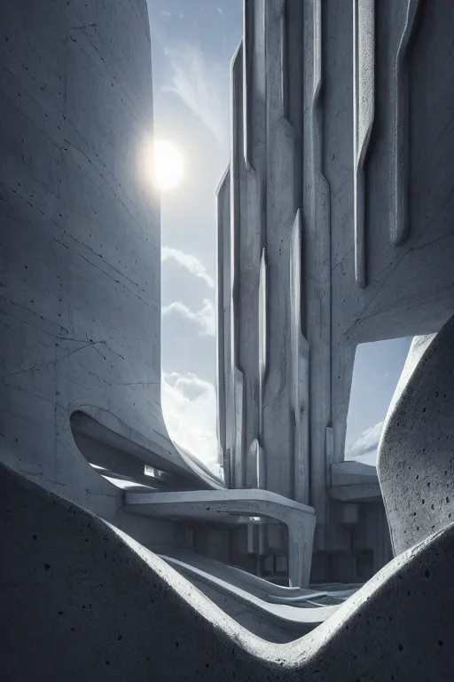 Prompt: sci - fi concrete brutalist architecture in the italian dolomites, zaha hadid, beksinski, photoreal, highly detailed, 8 k, hd, vray, artstation, trending on behance, cinematic matte painting, extreme detail photo quality, sunset, featured on behance